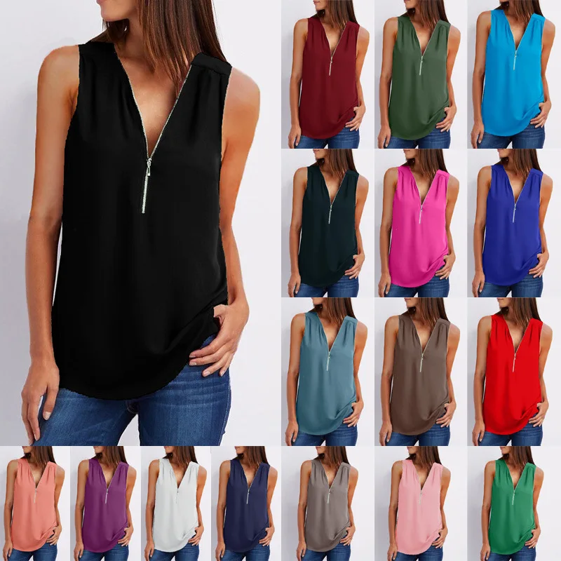

5XL Plus Size Tops Chiffon Blouse Women Sleeveless V-Neck Solid Colors Zipper Casual Irregular Loose Shirts Summer Sexy Tank Top