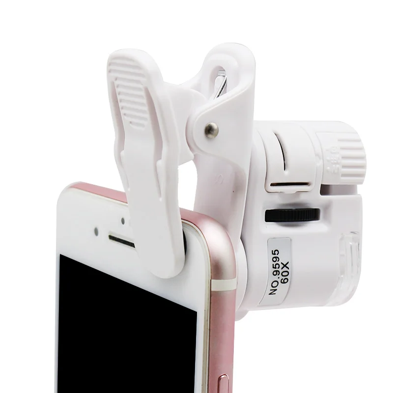 Universal Clip Microscope 60X LED Jewelry Magnifying Glass Focusing Adjusted Pocket Microscope with Cell Phone Clip UV Light