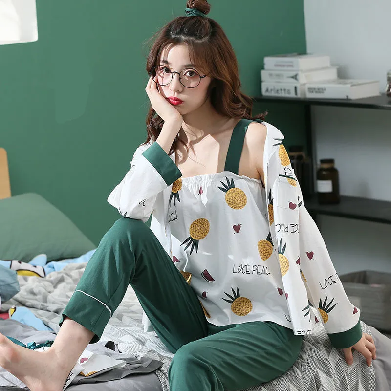 

Cotton Spring Women Pajamas Set 7Piece/Set Sexy Print Pyjamas Long Pants Shirt Stitch Lingerie Home 2019 Top Fashion Sleepwear