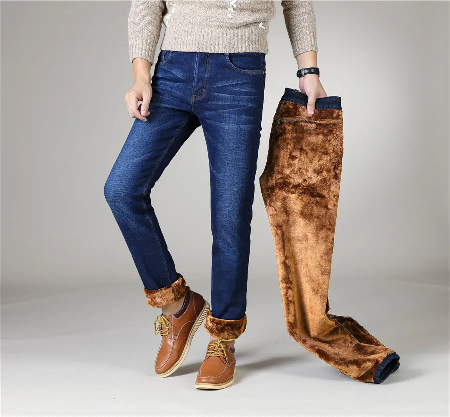 Зимние новые мужские брендовые плотные джинсы, модные облегающие джинсовые теплые брюки высокого качества, черные синие мужские брюки