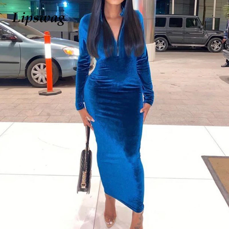 Элегантное бархатное однотонное вечернее платье для женщин весна Bodycon Slim Fit миди