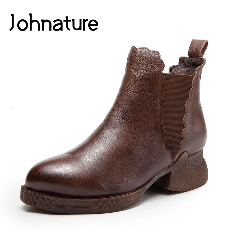 

Johnature Genuine Leather Women Shoes Elastic Band Round Toe 2019 New Autumn Winter Solid Color Retro Handmade Ankle Boots