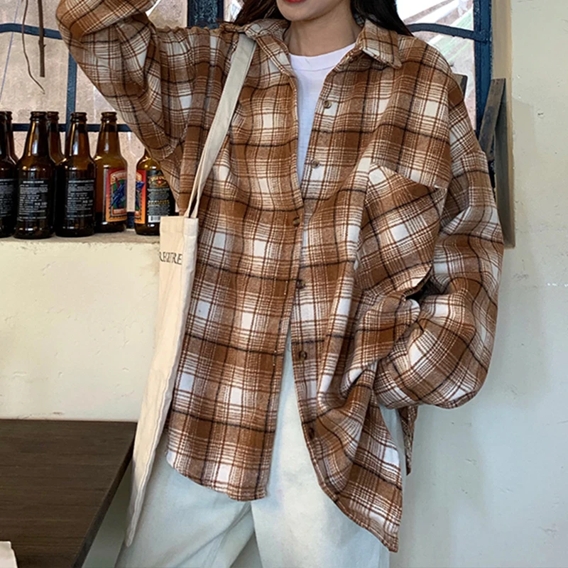 Khaki Plaid Blouse Новое поступление, женская рубашка в клетку Харадзюку с рукавом летучая мышь, отложной воротник, на пуговицах, матовая блузка, женская блуза T9O922F - Цвет: Khaki Plaid Blouse