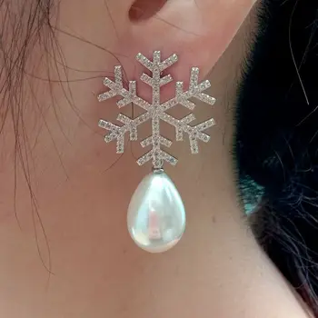 

Teardrop White sea Shell Pearl Cz pave Snowflake Stud Earrings