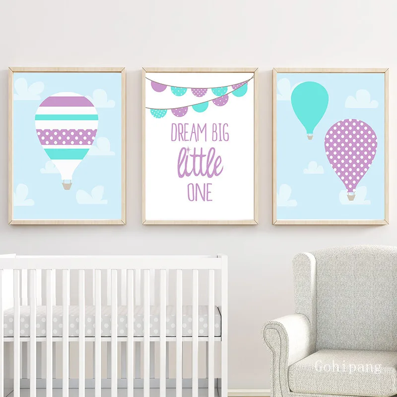 Baby-Girl-Nursery-Art-Hot-Air-Balloon-and-Dream-Big-Little-One-Quote-Nordic-Posters-Wall (2)