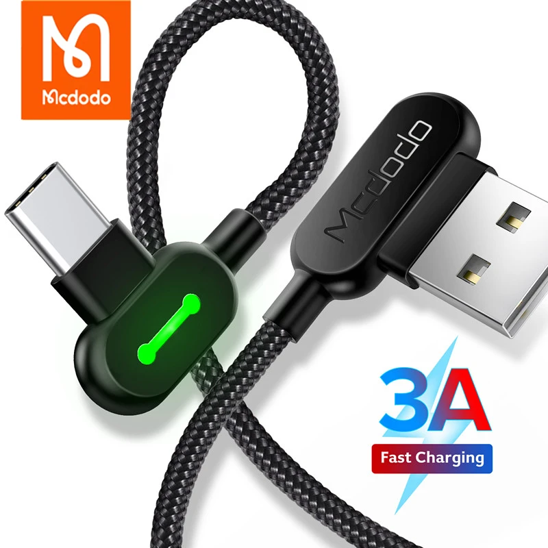 Mcdodo 3A USB Type C Cable Fast Charing For Samsung Xiaomi Redmi Note 9 Mobile Phone Charger LED 90 Degree Data Cord | Мобильные
