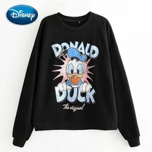 Disney Стильная черная футболка с рисунком Дональда Дака и буквенным принтом, пуловер с круглым вырезом, модный Женский Повседневный Свободный Топ с длинным рукавом в стиле Харадзюку