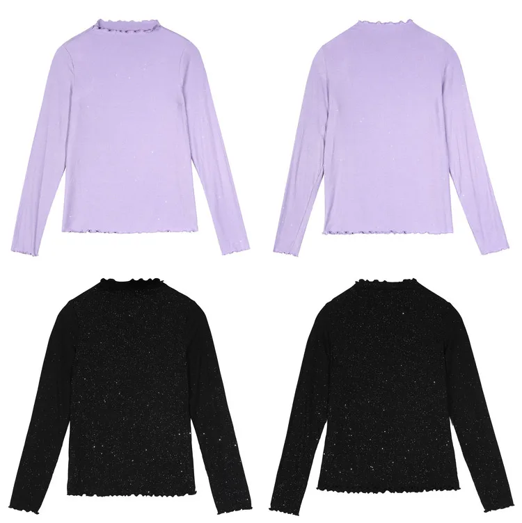 ELFSACK Solid Contrast Sequins Casual T-Shirts Women Clothing,2020 Autumn ELF Full Sleeve Korean Ladies,Basic Daily Bright Tops