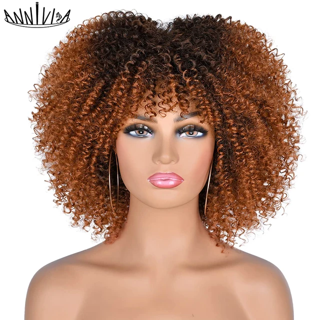 Short Hair Afro Kinky Curly Wigs With Bangs African Synthetic Ombre Glueless Cosplay Wigs For Black Women High Temperature 1B-30