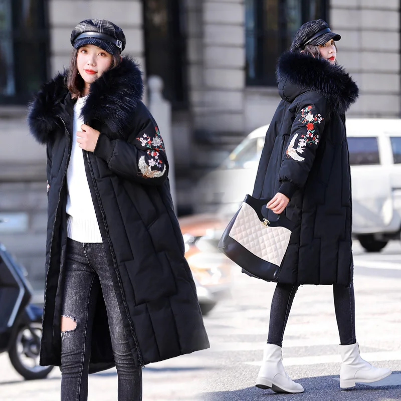 

2019 Autumn And Winter New Style Loose And Plus-sized Warm Cotton Coat Mid-length Embroidered Large Fur Collar Hooded Cotton-pad