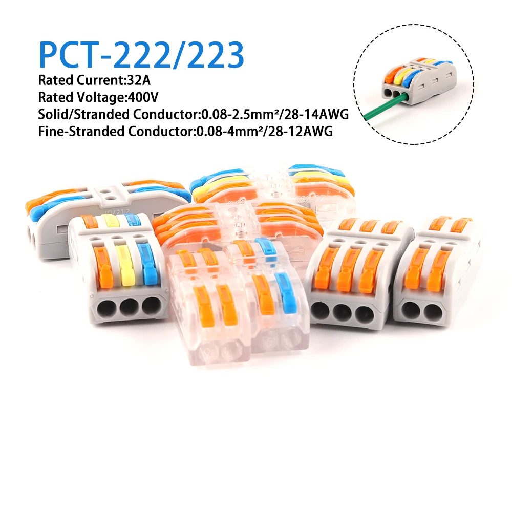 

Quick Wire Connector PCT-222/223 series 2/3 pin SPL-2/3 Cage Universal Docking Wiring Conductors Connection Terminal Block