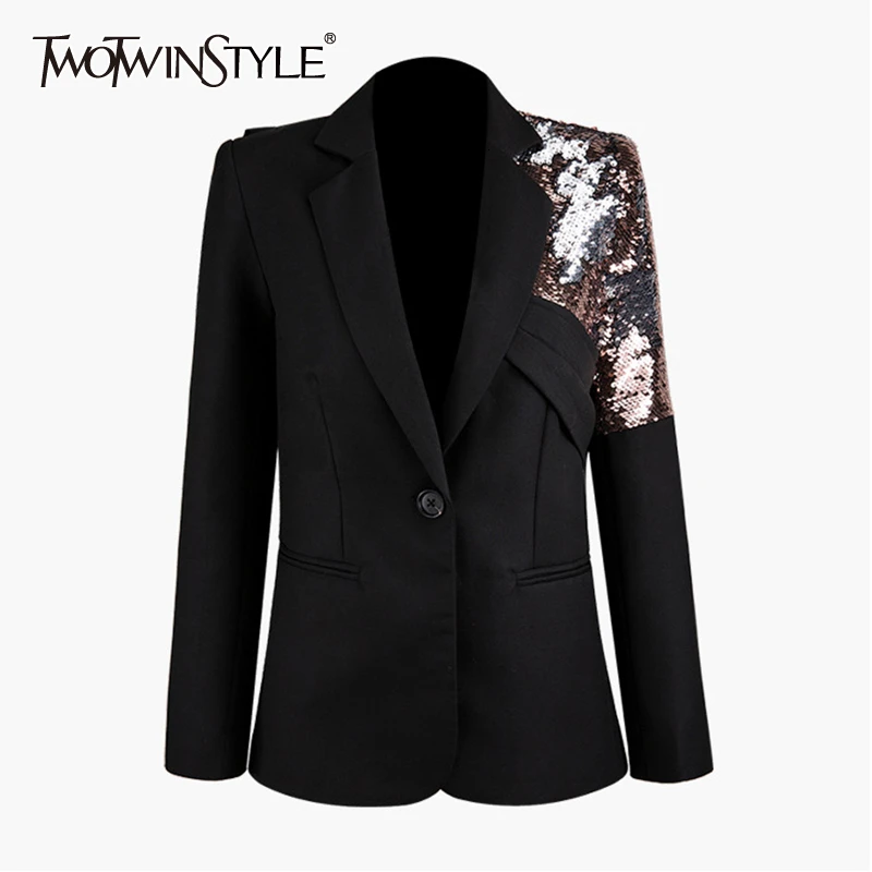 

TWOTWINSTYLE Patchwork Sequined Asymmetrical Blazer Women Notched Collar Long Sleeve Hit Color Suits Female Fashion 2020 Clothes