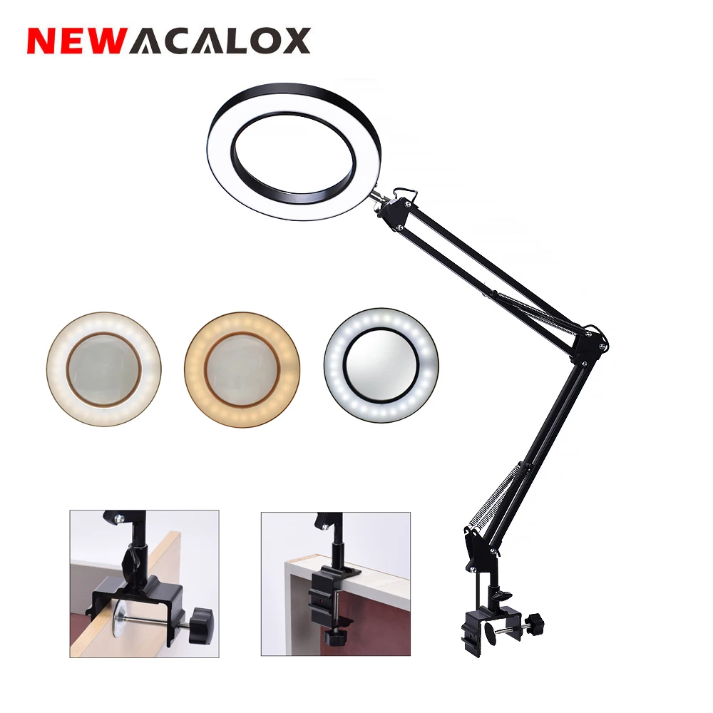 NEWACALOX Flexible Desk Large 5X USB LED Magnifying Glass 3 Colors Illuminated Magnifier Lamp Loupe Reading/Rework/Soldering