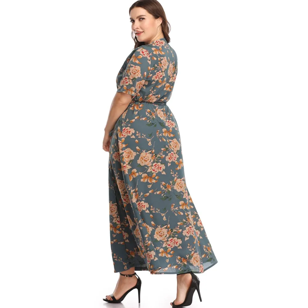 5XL Цветочный принт летнее Для женщин бохо платье размера плюс с v-образным вырезом и поясом с коротким рукавом Высокая талия длиной до щиколотки Пляжные наряды DC620