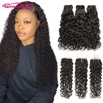 

Remy Peruvian Hair Water Wave Bundles With Closure 100% Human Hair Bundles With Closure Wonder girl Hair Extensions