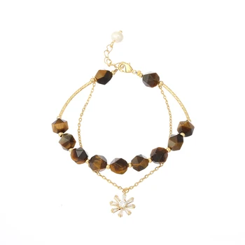 

Luxury Faceted Geometric Tiger Eye Charm Bracelet for Ladies Women Romantic Double Layers Gold Color Link Chain Bracelet Jewelry