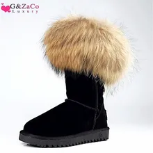 G& Zaco/Роскошная зимняя обувь для женщин; зимние сапоги с натуральным лисьим мехом; элегантные женские зимние сапоги до колена из натуральной кожи; зимние сапоги