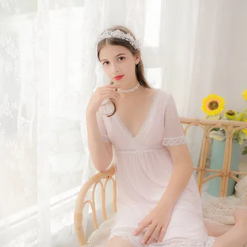 

Summer Sexy Iace Silk Princess Style Casual Home Wear Nightty V-neck Lace Edge Short-sleeved Long Nightdress Can Be Worn Outside