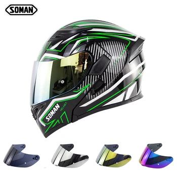 

Motorcycle Flip up Helmets With Replaceable Outer Visors Model K5 Double Lens Green Motorbike Capacetes DOT Approval SOMAN 955