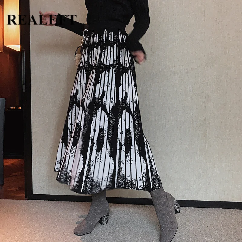 REALEFT осень-зима женские винтажные трикотажные гофрированные длинные юбки с геометрическим принтом с высокой талией Harajuku трапециевидные юбки женские s