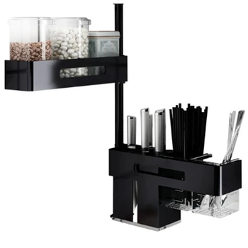 

HOT-Kitchen Spice Rack Seasoning Jar Space Aluminum Storage Shelf Wall Mounted Rotating Multi-Function Rack Knife Fork Chopstick