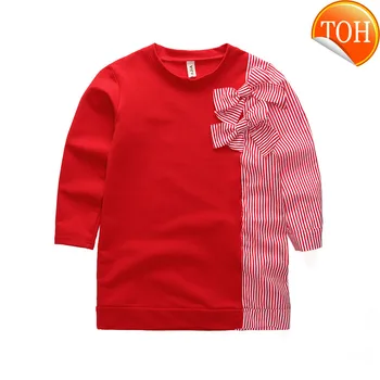 

Autumn Fashion Big Girls Dress Children's Bow Tie Stitching Striped Shirt Long Sleeve Dresses Kids Cute Clothes