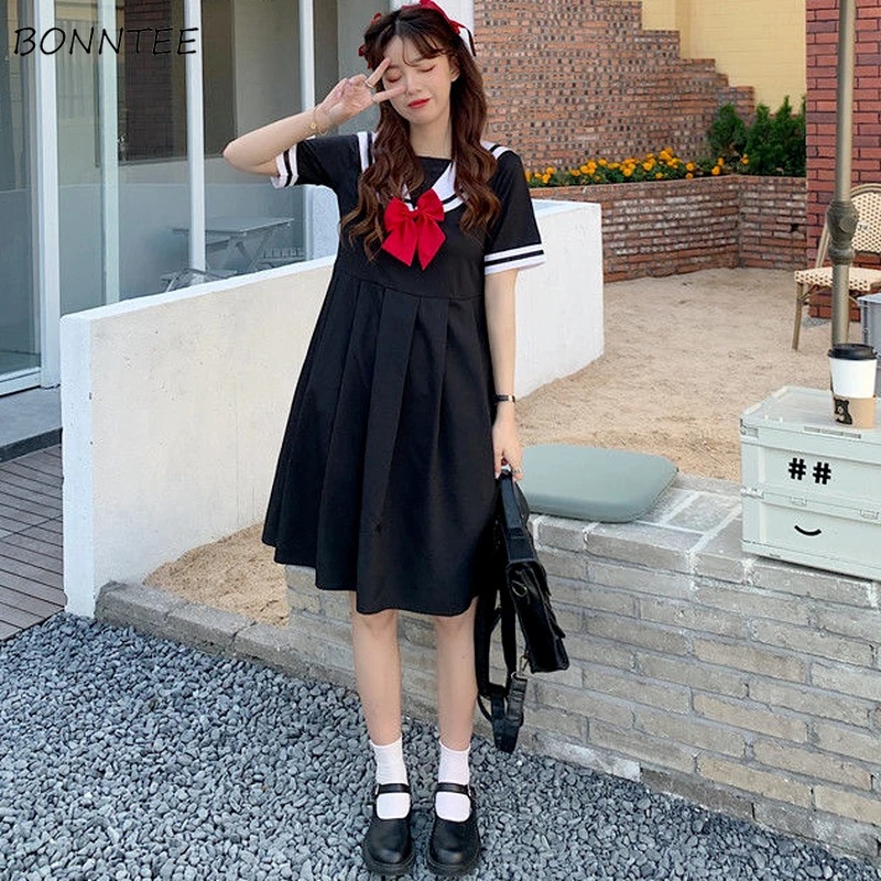 Dresses Women Short Sleeve Bow Sailor Collar Preppy Style Korean All-match Teens Simple Birthday Party Baggy Vintage Chic New cocktail dresses