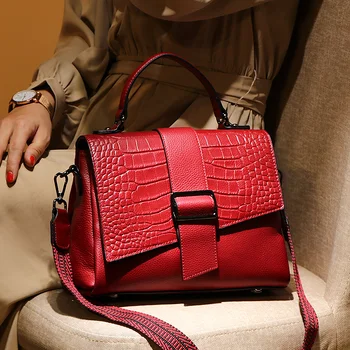 

2020 Designer All-match Elegant Women Handbag Crocodile Pattern Real Leather Female Shoulder Messenger Bag 2 Straps