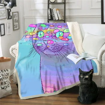 

BEST.WENSD 3D Digital Printed Light Color Blanket Cute Kitten with Speech Bubble Blue Pink Blanket Cartoon Animal Warm Blanket