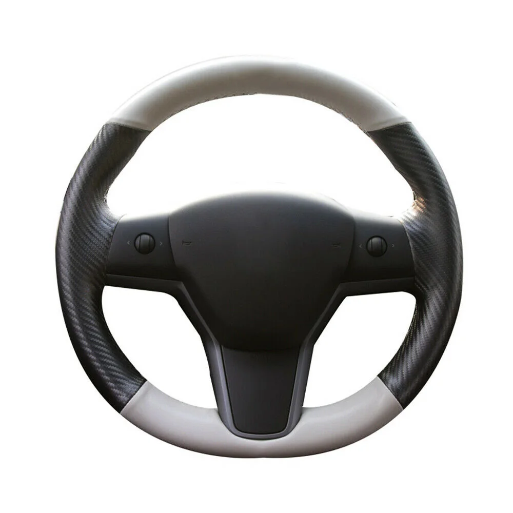 

For Tesla Model 3 2017-2019 Steering Wheel Cover Leather + Carbon Fiber Kit Set Needle Replacement