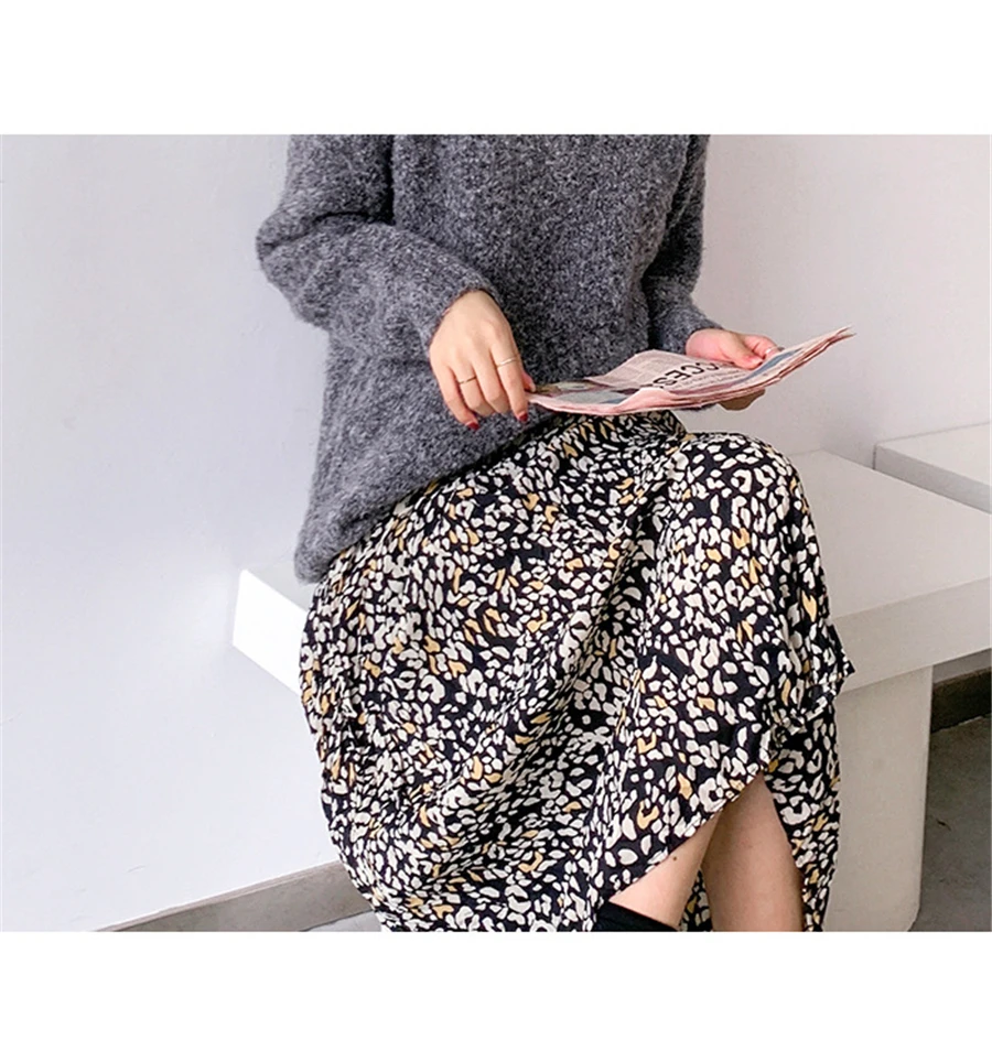 Elegant All-match Floral Print Midi Skirt Women Chiffon Skirt Autumn Winter Women Sexy Elastic High Waist Long Skirt Female