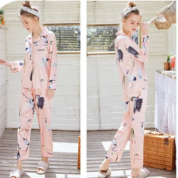 

Women Pajamas Sets Autumn with Crane Print Fashion Luxury Female Faux Silk Nighties Sleepwear Homewear 2Pcs Shirts + Pants@50