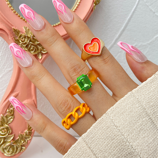 Heart Y2K Ring Set Open Cooper Rings For Women Candy Color Hand-painted Knuckle Rings Jewelry