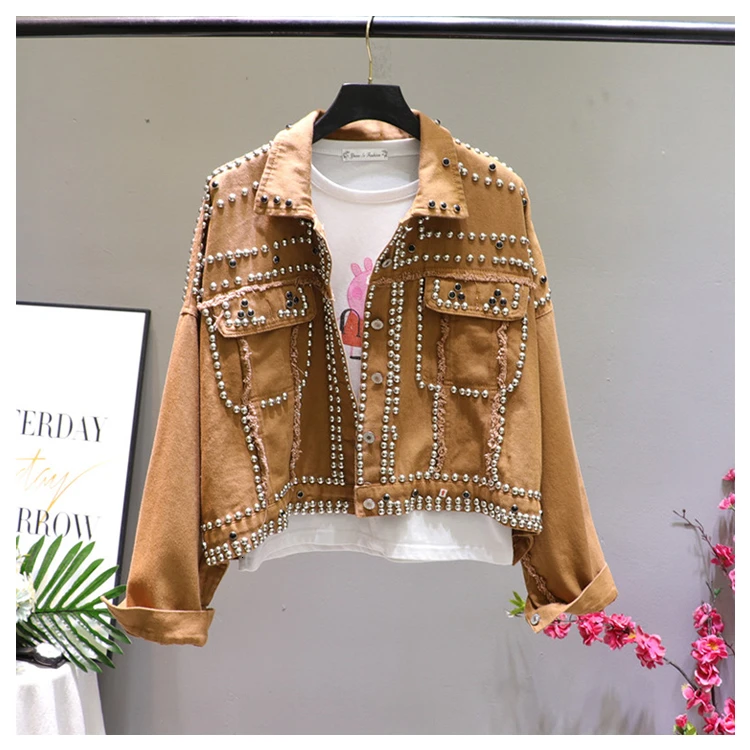 

Jacket Women 2019 Autumn Hand Rivet Studded Denim Jacket Loose Outwear Female New Students Casual Short Jeans Coats