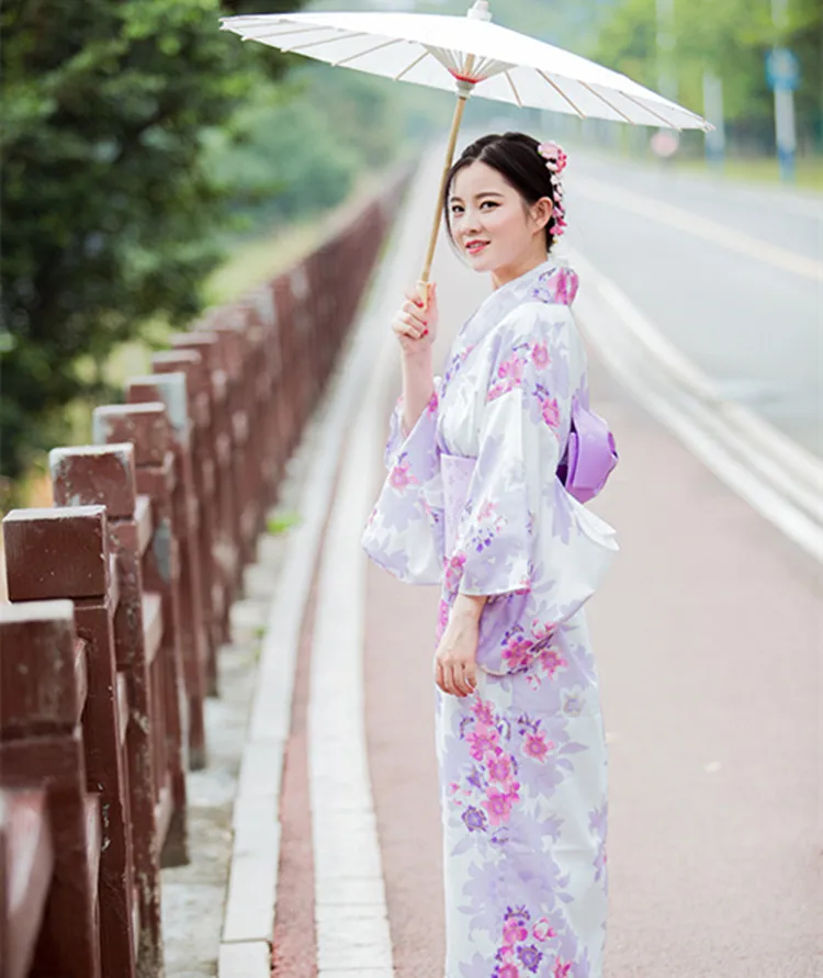 Женская традиционная юката японское кимоно халат фотография платье костюм для косплея фиолетового цвета с цветочным принтом винтажная одежда - Цвет: A