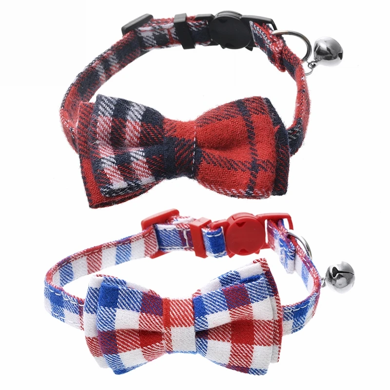 2pcs Инструменты для ухода за домашними животными, милые решетки, ошейник для кошек, модный галстук-бабочка с серебряным колокольчиком, ошейники для щенков, ошейники для маленькой собаки, котенка, кота - Цвет: 2pcs