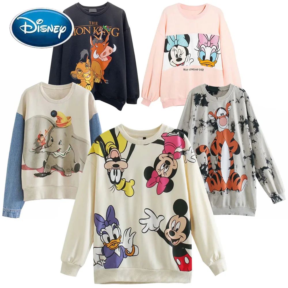 Disney Sweatshirts Mickey Mouse Harajuku Bambi Fashion Women Letter Loose-Tops Long-Sleeve