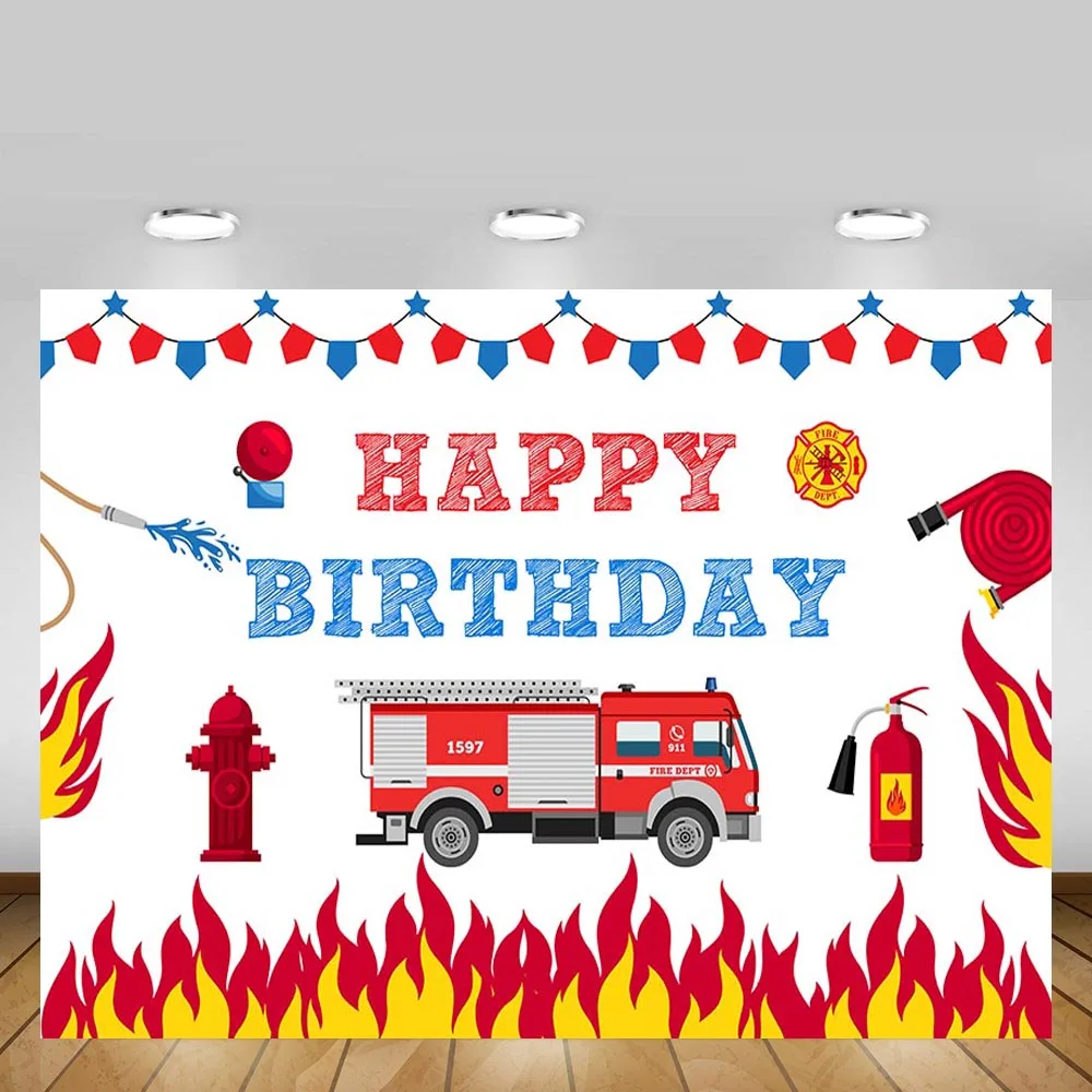 

Mehofond Firetruck Party Backdrop Fireman Fire Boy Baby Happy Birthday Decor Photography Background Photo Studio Banner Props