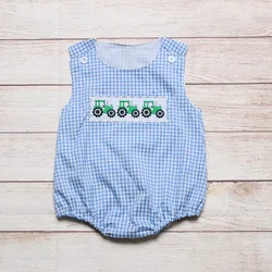 Summer Clothes Boy Blue Plaid Sleeveless Three Green Tractors Embroidery Patterns Toddler Romper