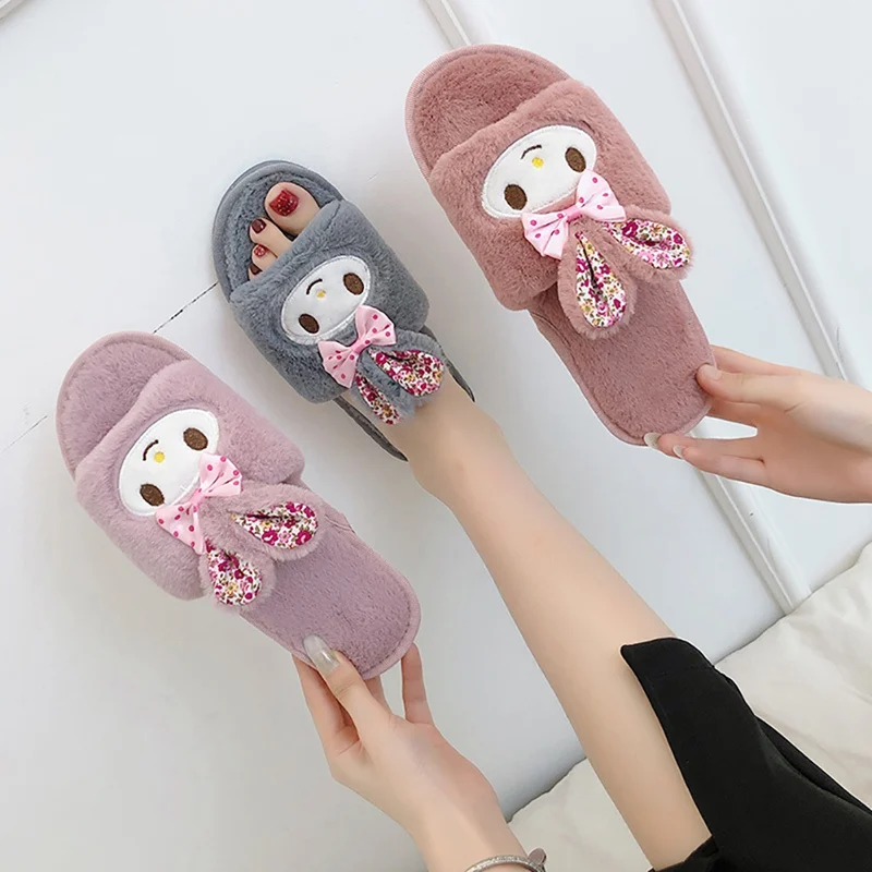 

Woman Autumn Fashion Cute Shoes Rabbit Hairy Word Drag Plush Slip-on Flat Home Keep Warm Open Toe Kawaii Anti-slip Slipper