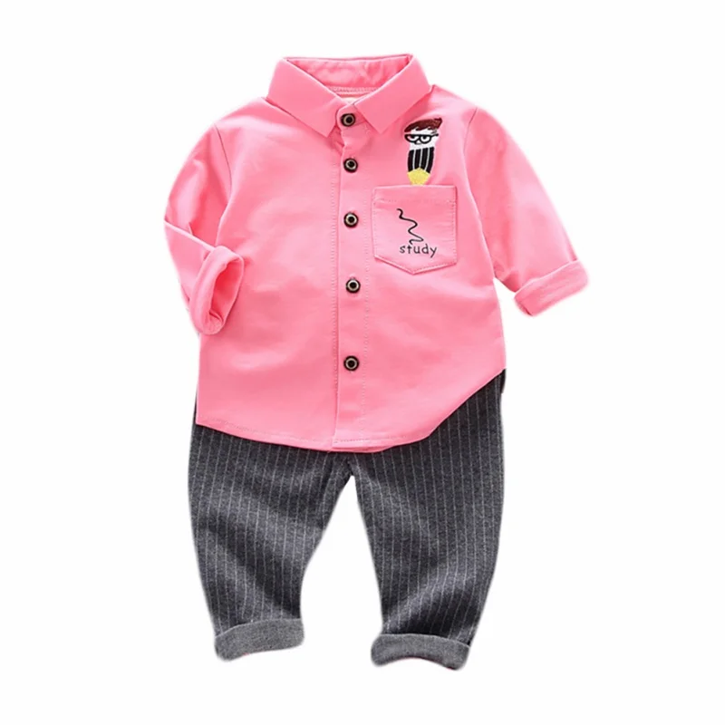 Autumn Baby Boys Clothes Suits Casual Long Sleeve Cartoon Print Shirt Blouse Tops+Stripe Pants Trouser Set