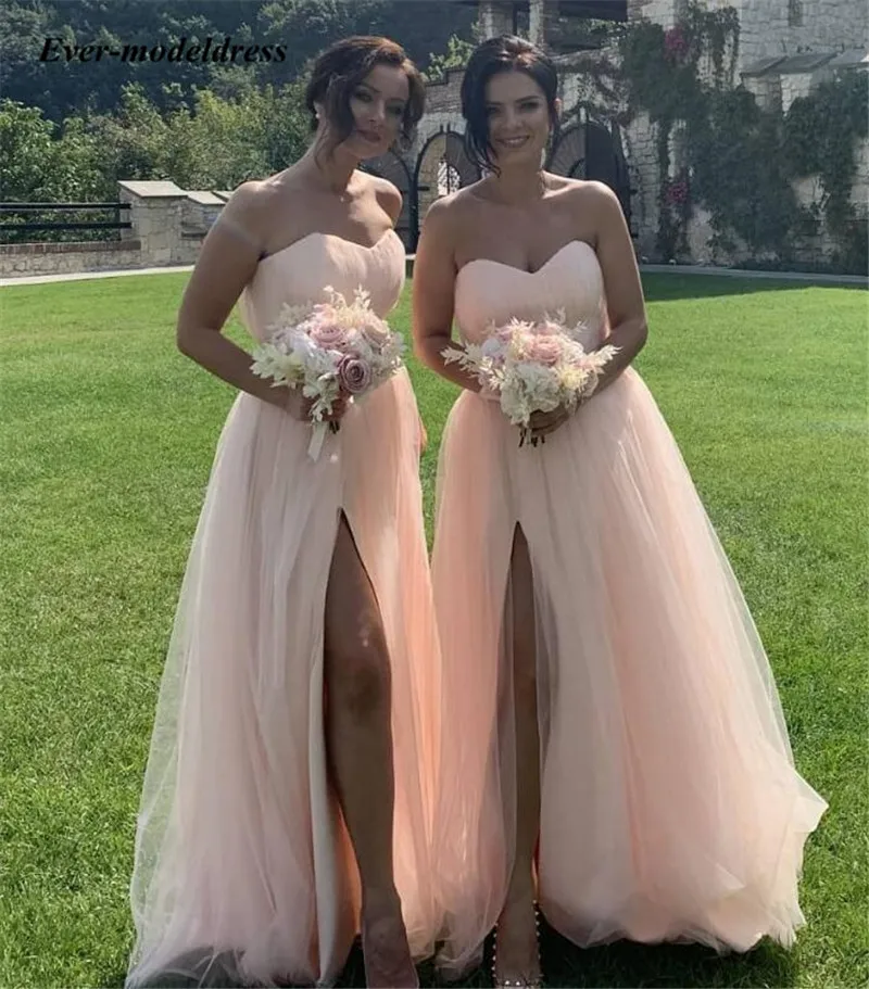 Нежно-розовый тюль Длинные свадебные платья милое без рукавов Boho Maid Of Honor Платья С Боковым Разрезом vestido madrinha