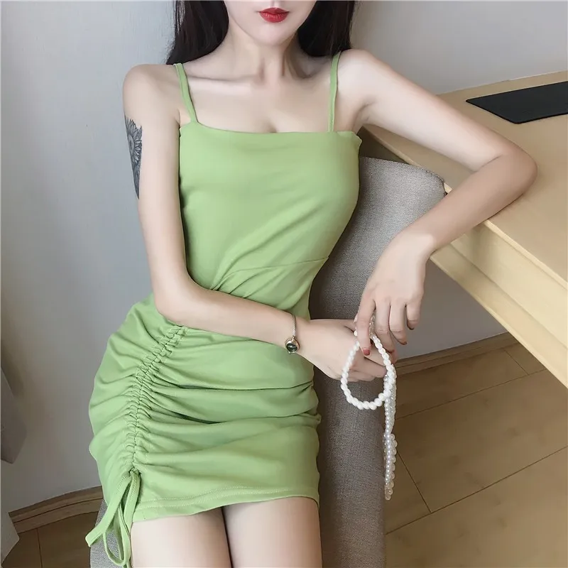 

2019 Fashion Women's Sexy Slash Neck Summer Sleeveless Above Knee Spaghetti Strap Ruched Drawstring Bodycon Solid Mini Dress