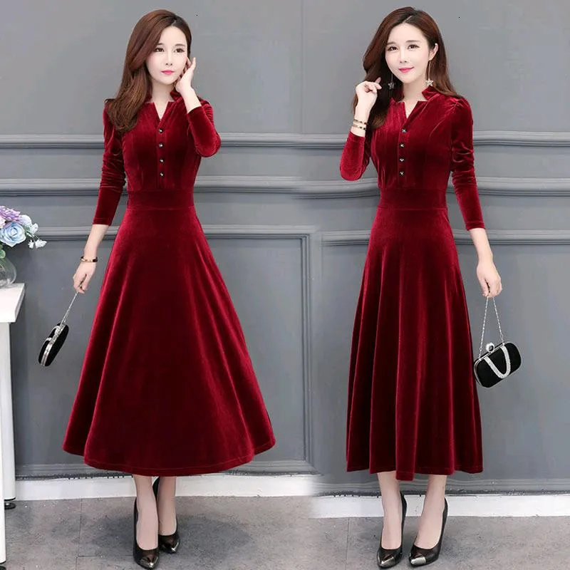 

Autumn Winter Women Dresses New Large Size Gold Velvet Mid-Long Dress Solid Long-sleeved Elegant Ladies Party Dress Vestidos