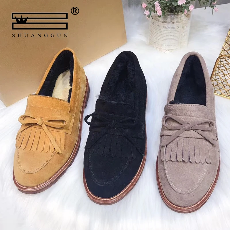 

SHUANGGUN Women's Winter Wool Flats Pigskin Casual Shoes Warm Wool Genuine Leather