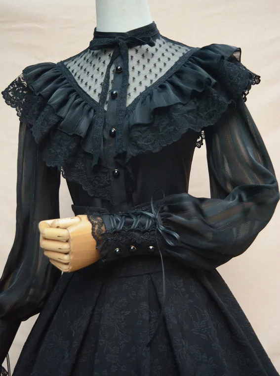 Винтажная королевская рубашка Лолиты черно-белая шифоновая кружевная Базовая футболка в готическом стиле с длинным рукавом-фонариком Блузка с оборками для женщин
