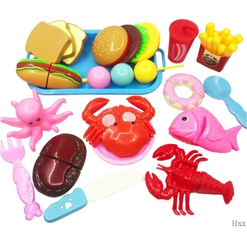 

17pcs/set Children Kitchen Tools Role Play Cutting Fast Food Fish Hamburger Crab Lobster Bread Toys House Early Age Education