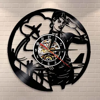 

Airlines Stewardess Professional Wall Clock Vintage Airline Pilot Sign Home Decor Flight Attendent Lady Vinyl Record Wall Clock