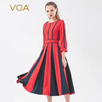 

VOA Silk 36mmi Meters Streamer Red Round Collar Collision Stitching Mid Waist Cropped Sleeve Line Split Fashion Dress A1109