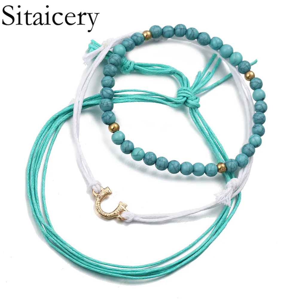 

Sitaicery 3 Pcs/set Boho Bracelet Blue Color Beads Bracelet Summer Woman's Accesories Fashion Party Jewelry Charm Bracelet Set